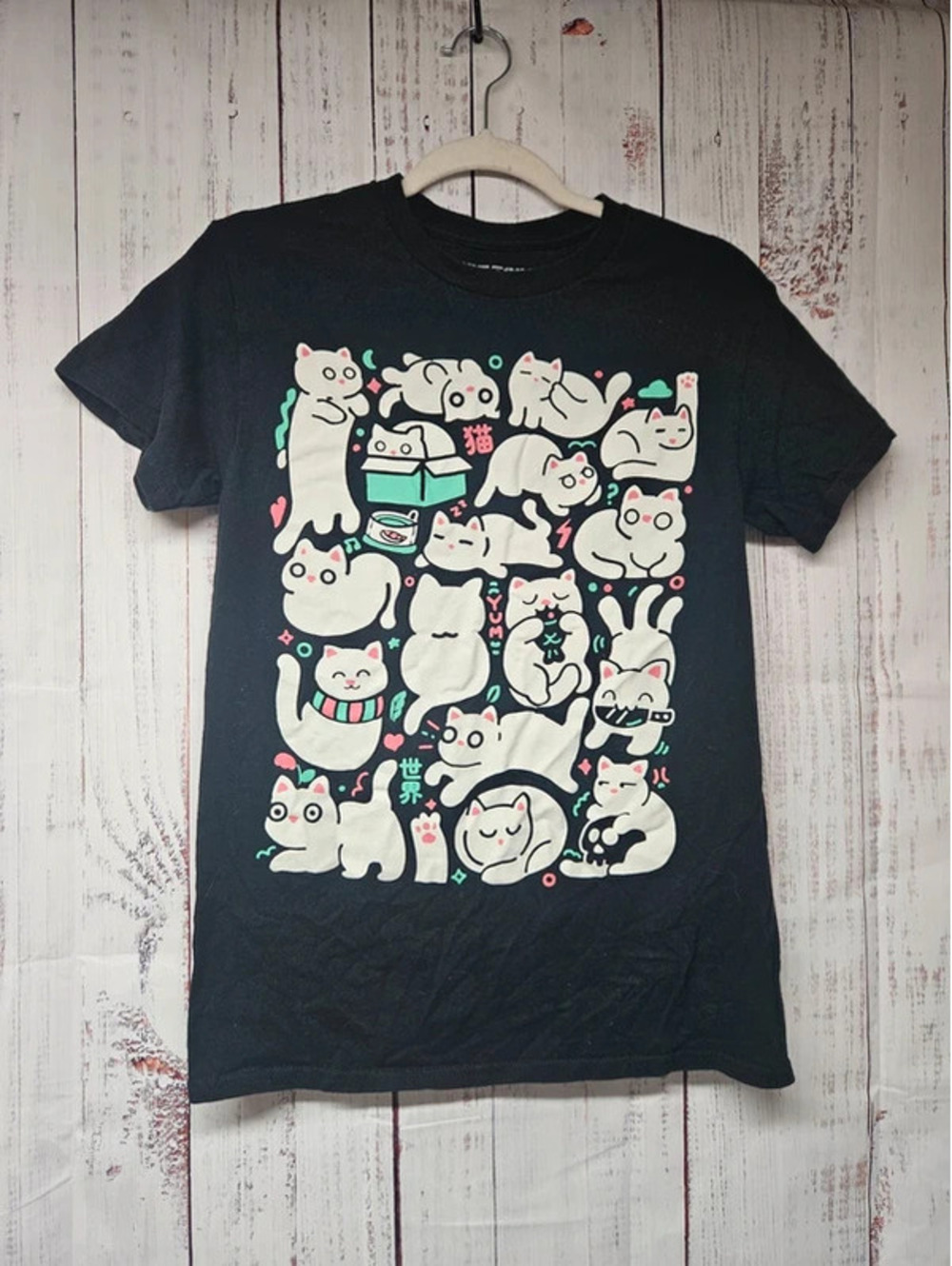 Hot Topic Threadless Kucingmeow Cat Graphic TShirt Size Small Black Kawaii Anime